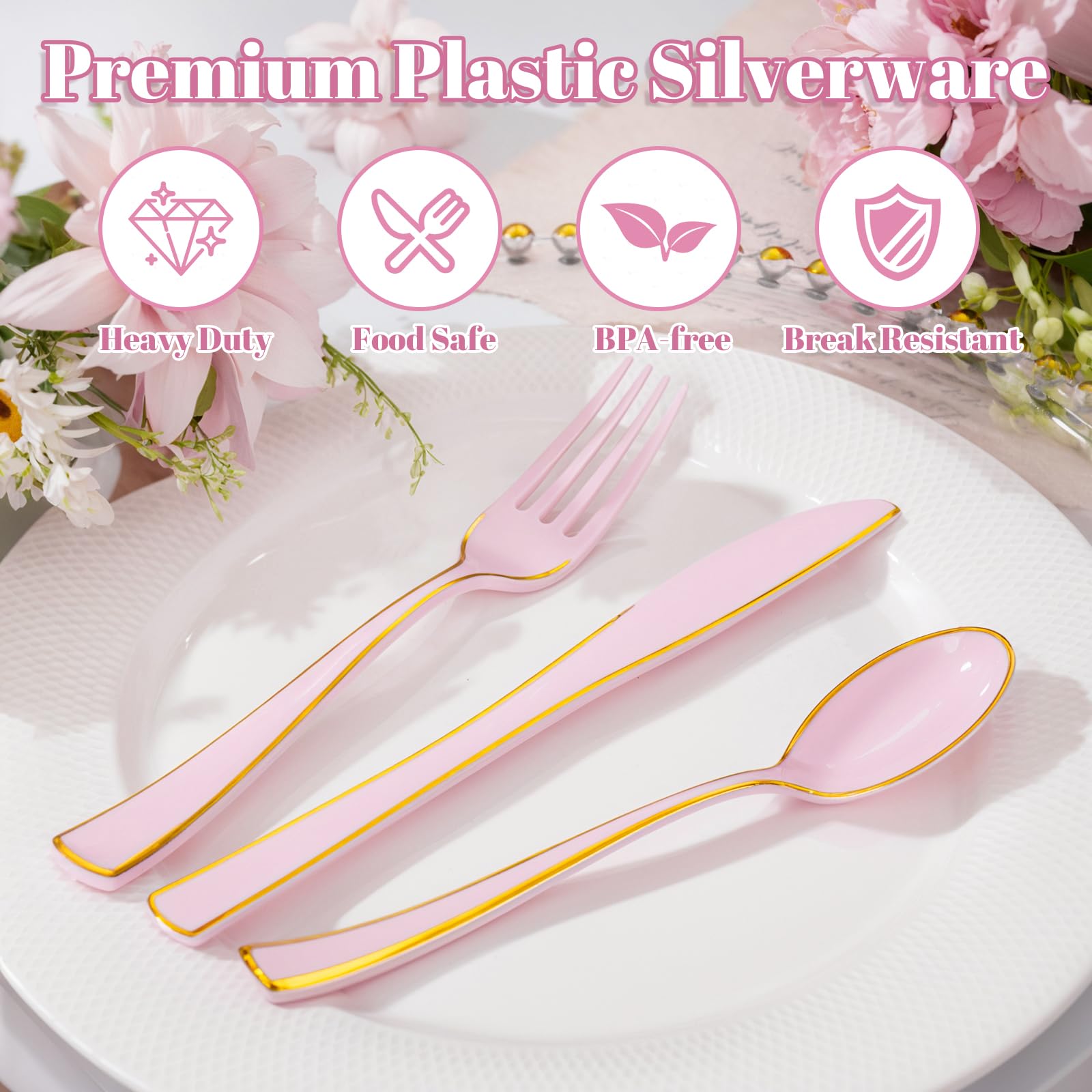 WDF 180 Pieces Pink Plastic Silverware with Gold -Pink Plastic Utensils Set - 60 Guest Cutlery Disposable for Birthday Party Baby Shower Wedding Spring