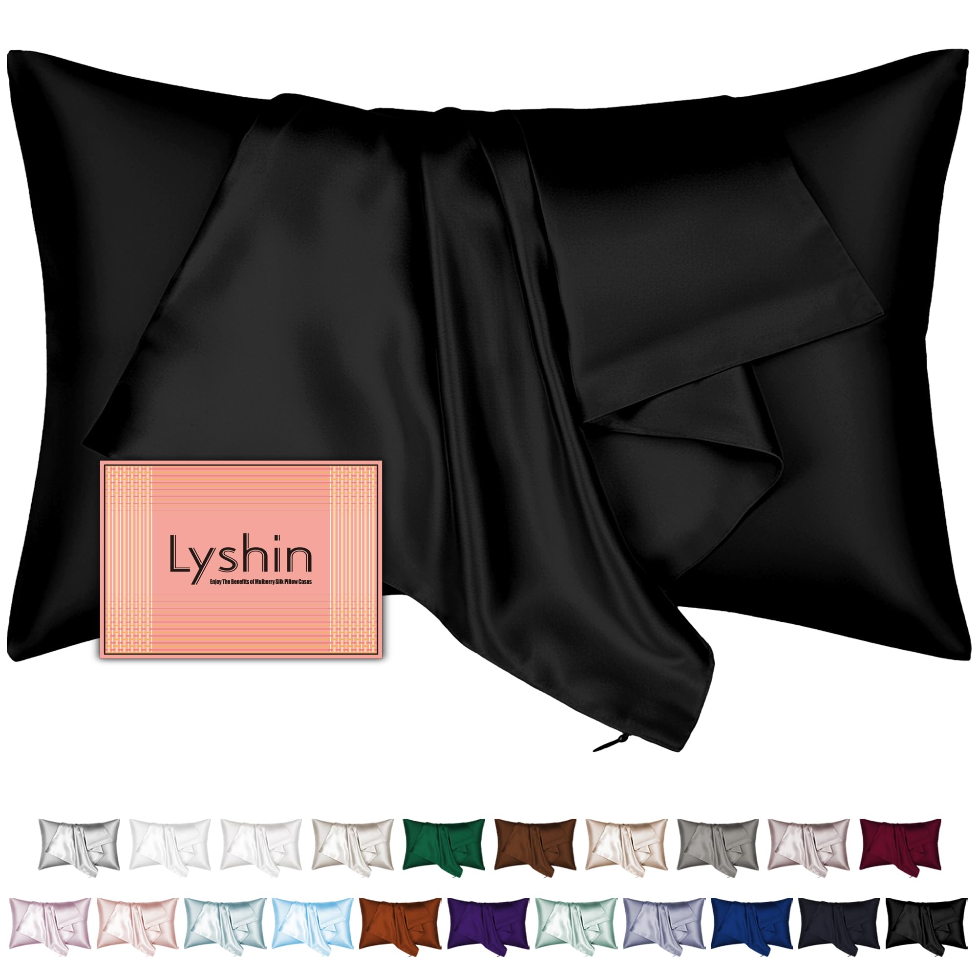 LYSHIN Black Silk Pillowcase Queen Size with Hidden Zipper