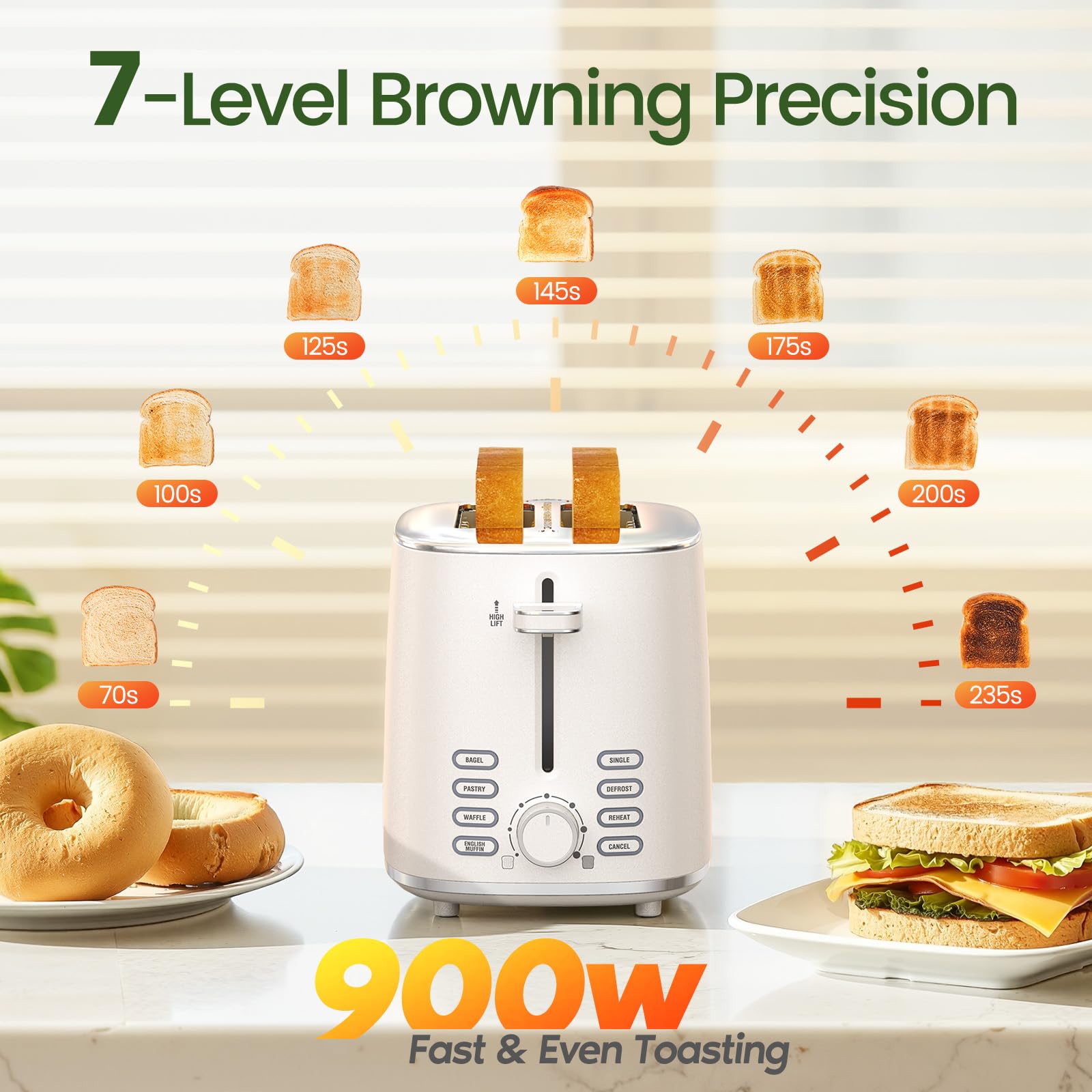 Topzee Toaster 2 Slice, Wide Slot for Toasting Bagel Muffin Waffle Gluten Free Breads, 7 Shade Settings, Defrost & Reheat, Stainless Steel, Easy Clean, White