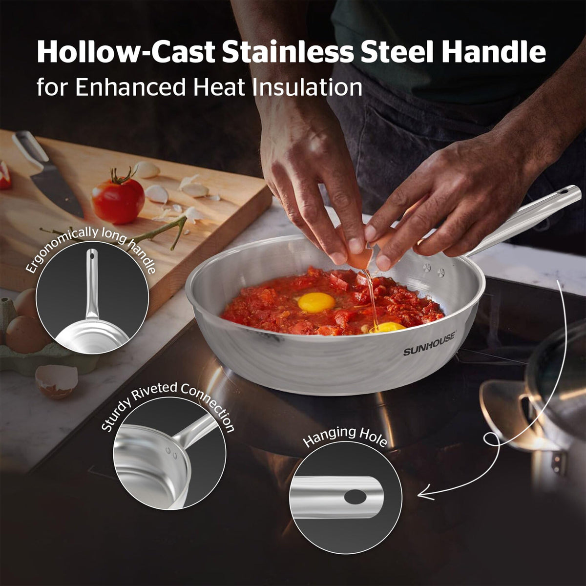 Sunhouse 10 Inch Tri-Ply Stainless Steel Frying Pan, Nonstick Cooking Pans