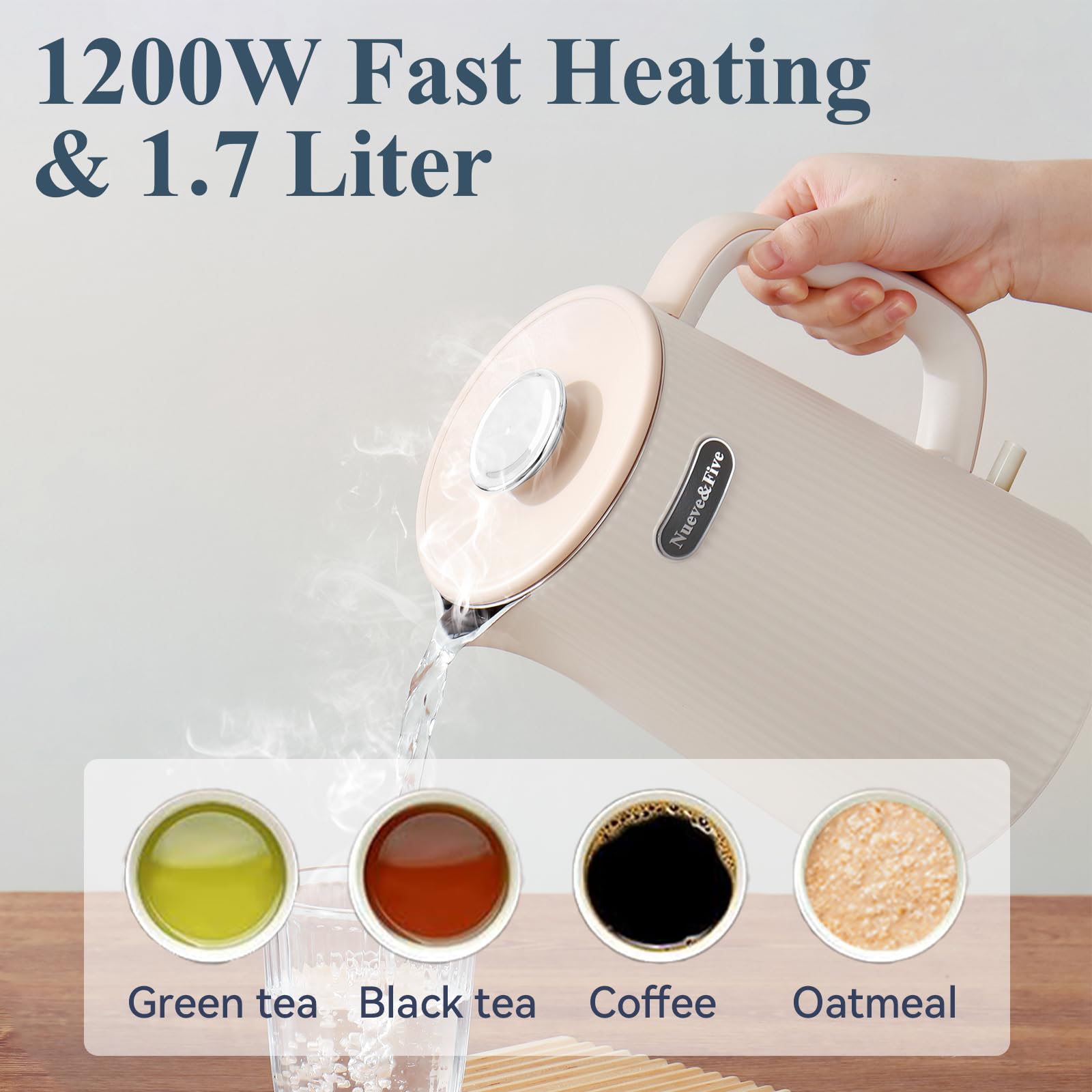 Nueve&Five 1.7L (57oz) Large Electric Kettle Perfect for 7+Cups of Tea and Coffee,2 quarts Double Wall Big Electric Tea Kettle,Auto Shut Off,1200W Hot Water Kettle Electric -Cream White
