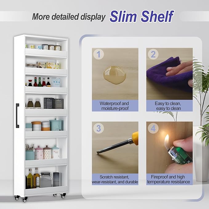 7-Tier Slim Storage Cart, Wooden Rolling Pantry Cabinet with Wheels, Narrow Shelf Organizer for Kitchen, Bakers Rack, Dining Room, Closet, Small Spaces Teak 73.2" H*9.8" W*23.6" D