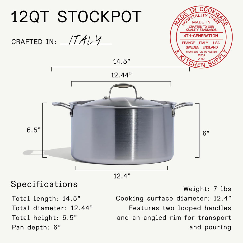 Made In Cookware - 12 Quart Stainless Steel Stock Pot With Lid - 5 Ply Stainless Clad - Professional Cookware - Crafted in Italy - Induction Compatible