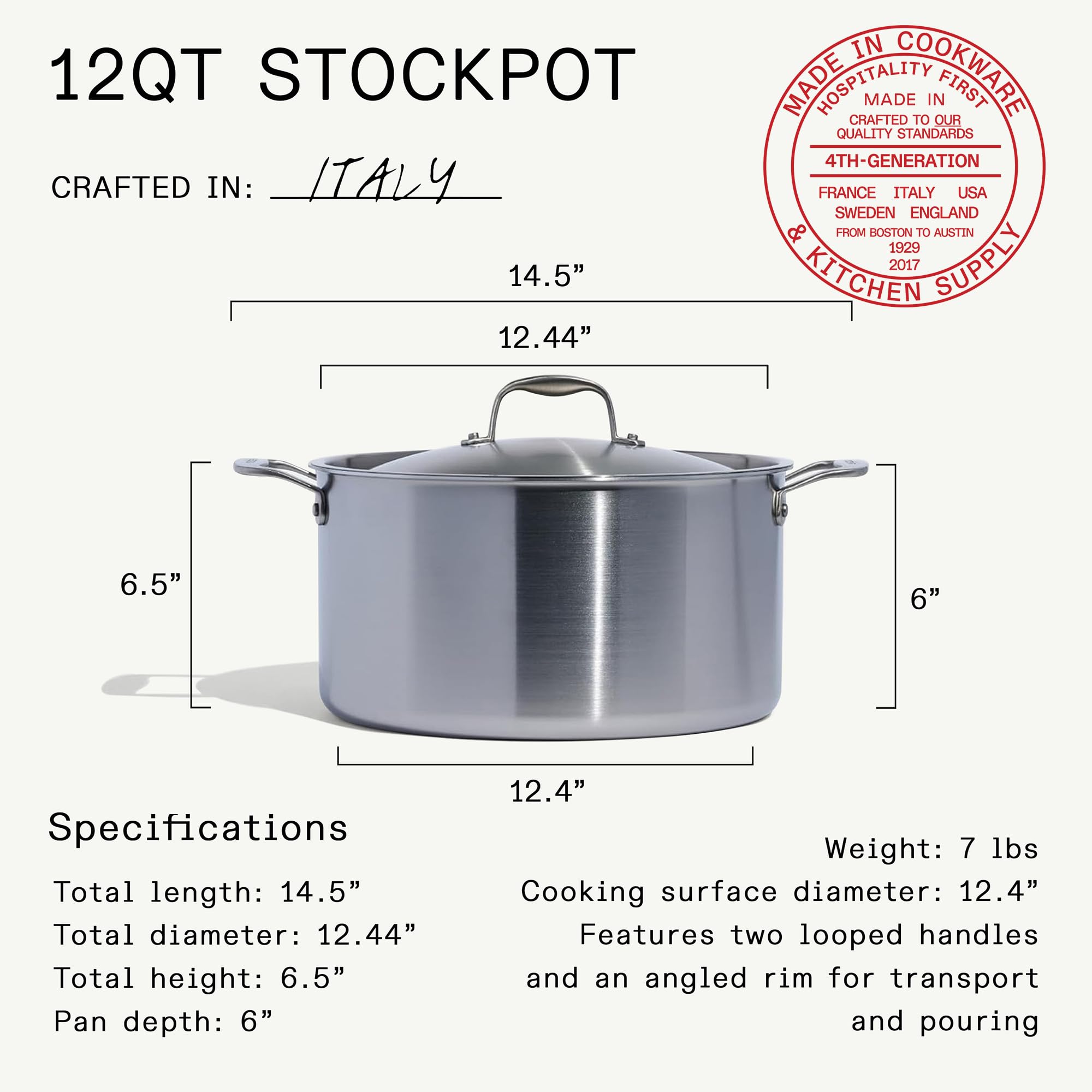 Made In Cookware - 12 Quart Stainless Steel Stock Pot With Lid - 5 Ply Stainless Clad - Professional Cookware - Crafted in Italy - Induction Compatible