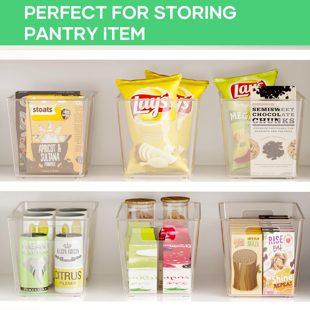 6 Pack Clear Plastic Storage Bins, 11" Large Pantry Organizer Bins with Handles, Plastic Containers for Refrigerator,BPA-Free Perfect for Kitchen,Fridge,Cabinet,Pantry,Bathroom,Closet Organization