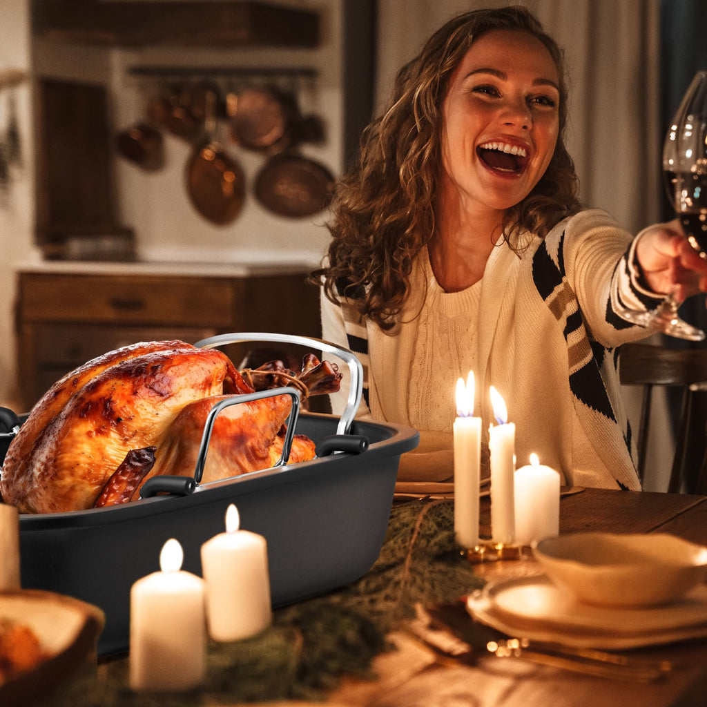 Turkey Roasting Pan, 17x13 Inch Roaster Pan for Turkey, Black&Silver