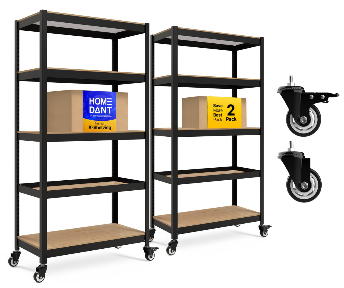 HOMEDANT House Black 36.2" W 5 Tier Rolling Storage Shelves Metal Cart