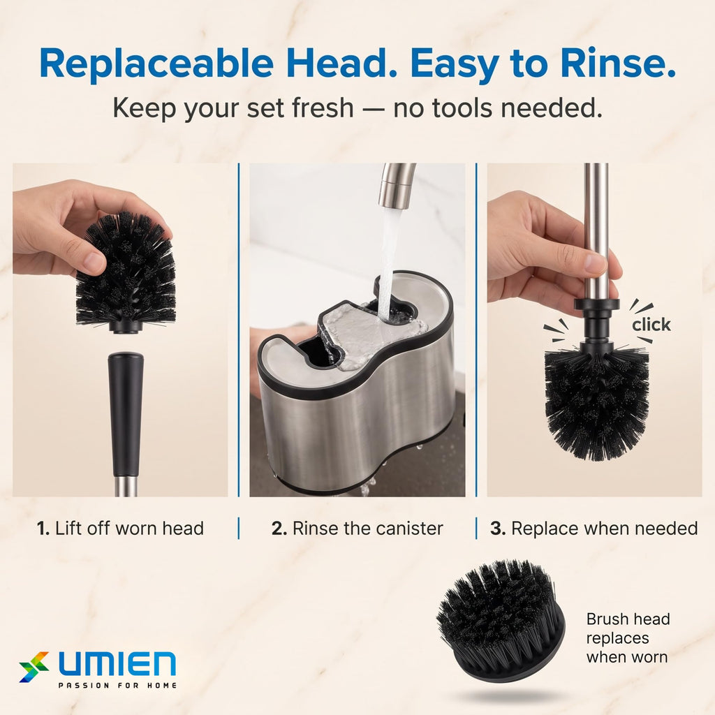 UMIEN Toilet Brush and Plunger Set, Satin Nickel, Long Handle Freestanding