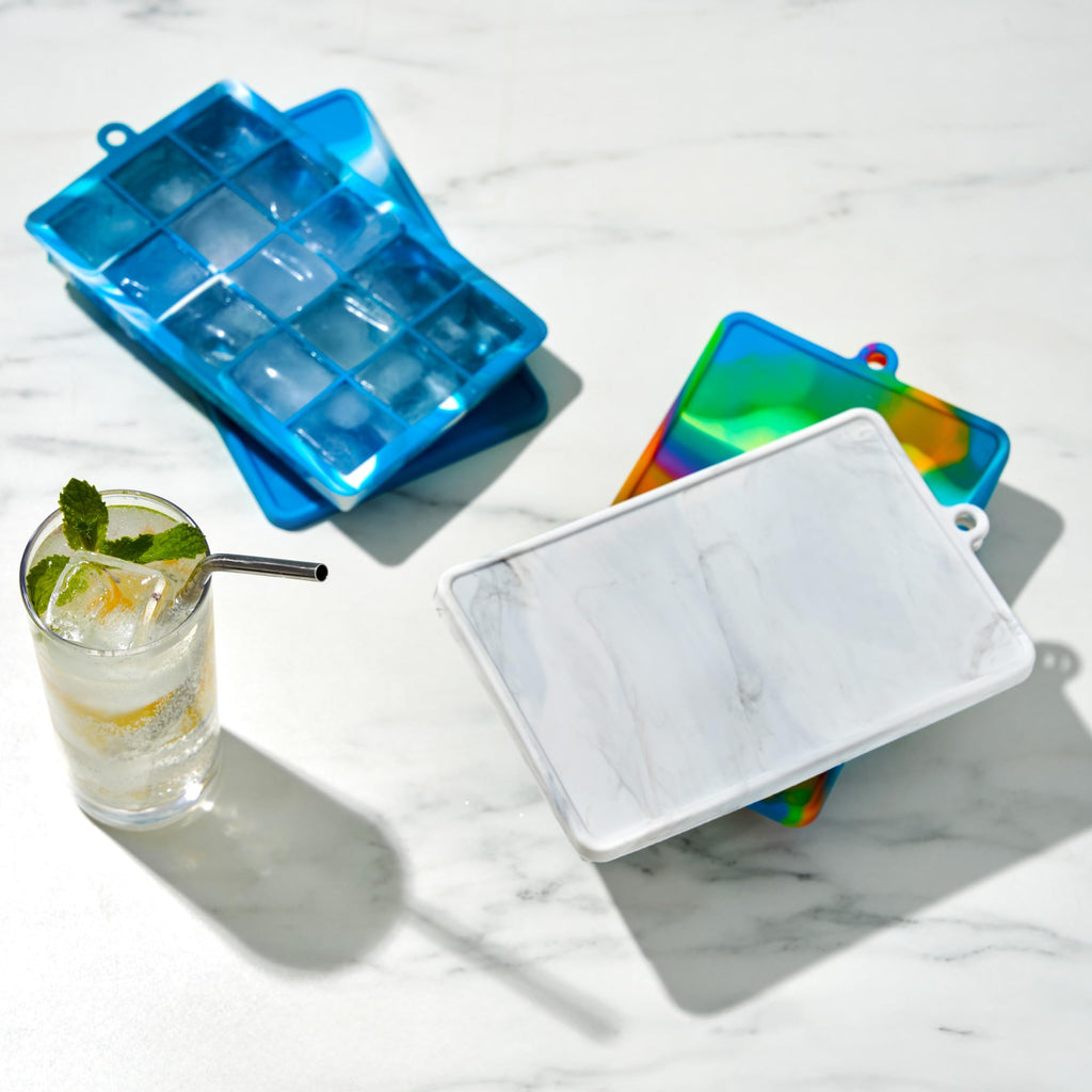 Host Ice Cube Tray with Lid, Makes 15 1.25" Cubes, Durable Silicone Trays, Perfect for Cocktails, Beverages, Mocktails, Iced Coffee, Tea, Infused Water, Kitchen Essentials, Set of 1, Marble