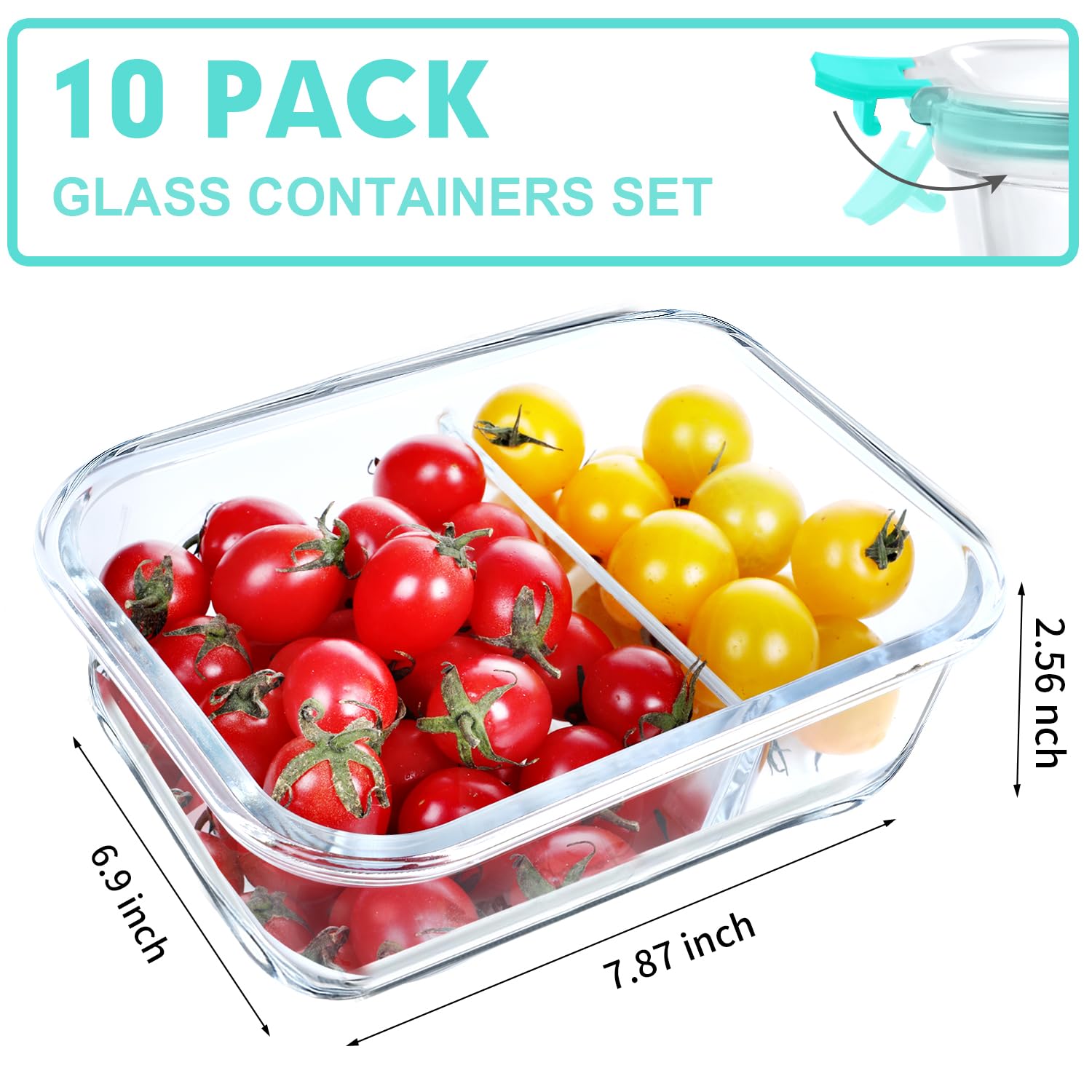 VERONES 10 PACK 30 OZ Glass Meal Prep Containers 2 Compartment Set, Green