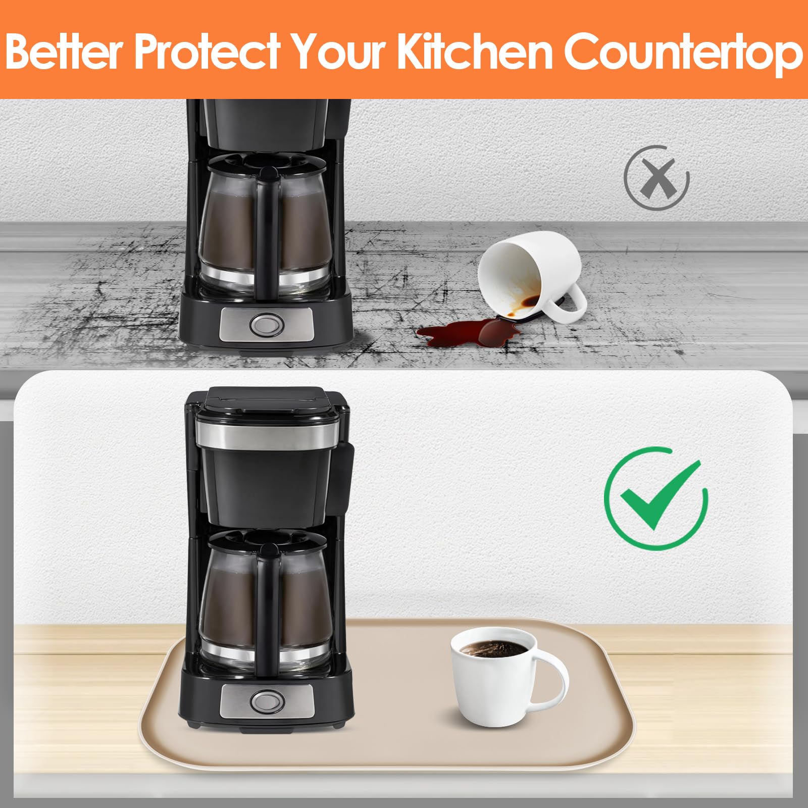 Silicone Coffee Maker Mat with Lip for Countertops, 17.4'' x 10.6'', Khaki