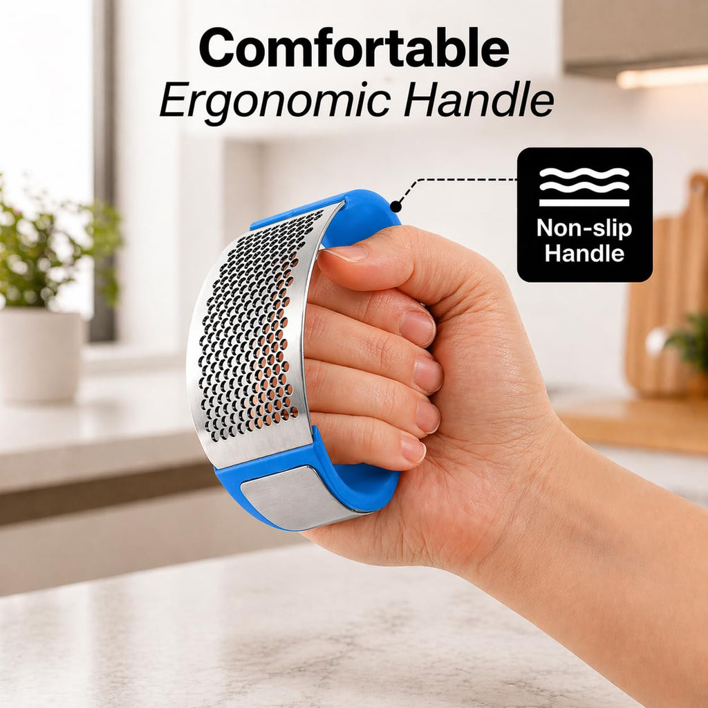 Zulay Kitchen Stainless Steel Garlic Press Rocker Set - Premium Garlic Mincer Garlic Crusher - New Innovative Garlic Crusher with Peeler and Scraper - Comfortable Grip (Blue)