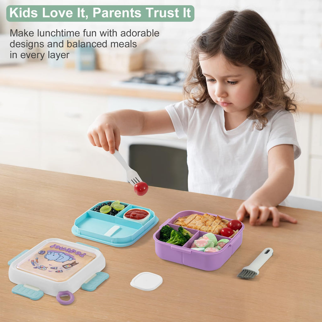 SAYAPE Bento Box for Kids Adults – Cute Cartoon 2-Layer Lunch Box with Fork, Sauce Cup & Brush, BPA-Free, 3-Compartment Square Snack Container with Handle for School, Office, or Travel (Purple)