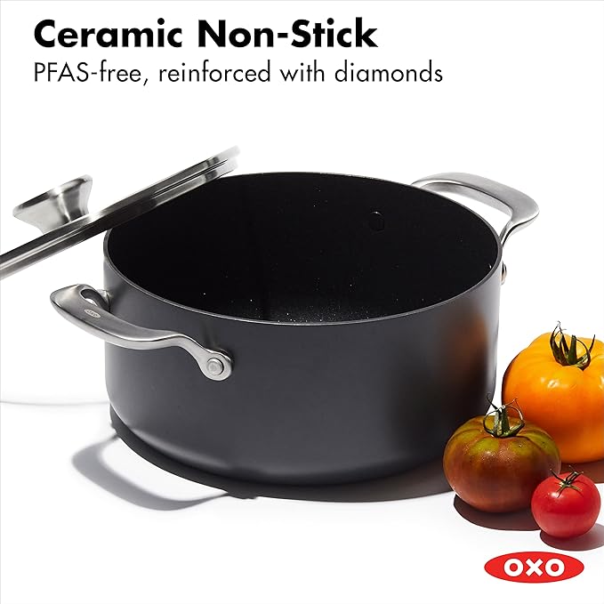 OXO Professional 5QT Stock Pot with Lid, Hard Anodized Ceramic Nonstick Cookware PFAS-Free, Stainless Steel Handles, Induction Suitable, Diamond Reinforced Coating, Dishwasher and Oven Safe, Black