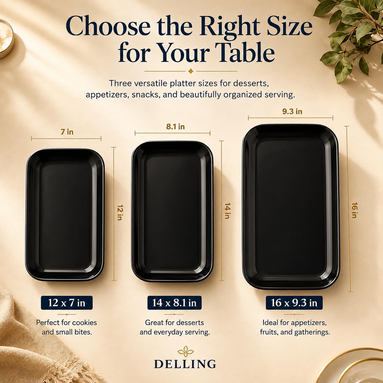 DELLING Large Serving Platter Set of 3, 16/14/12 Inch Porcelain Serving Trays for Party - Black Ceramic Rectangular Platters for Entertaining,Platter for Thanksgiving Christmas, Dishwasher Oven Safe