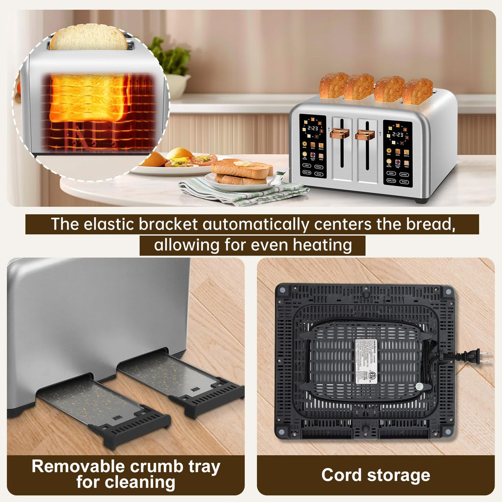 SEEDEEM 4-Slice Touchscreen Toaster, Stainless, 7 Shade, 1800W, Silver