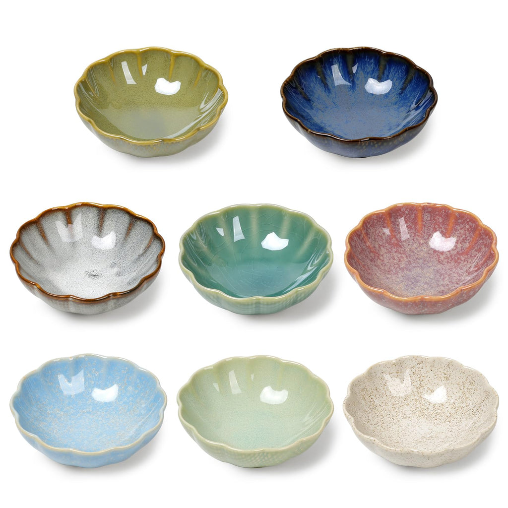 ZEBERBO Dipping Bowls Set of 8, Ceramic Soy Sauce Dishes, 3 oz Dipping Sauce Cups, chrysanthemum Round Small Side Dish Dishes for Dipping Sushi Tomato Soy Sauce Dish Condiment Finger Bowls
