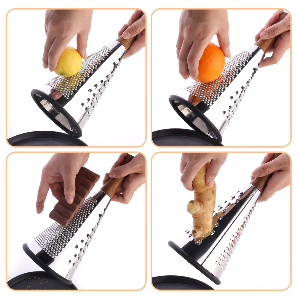 Cone Cheese Grater with Handle Stainless Steel Triple Function Wood Handle Parmesan Shaver Non-Slip Rubber Bottom Hand Held Multifunction Vegetables Cheese Grater with container (L: 10.6" X 4.7")