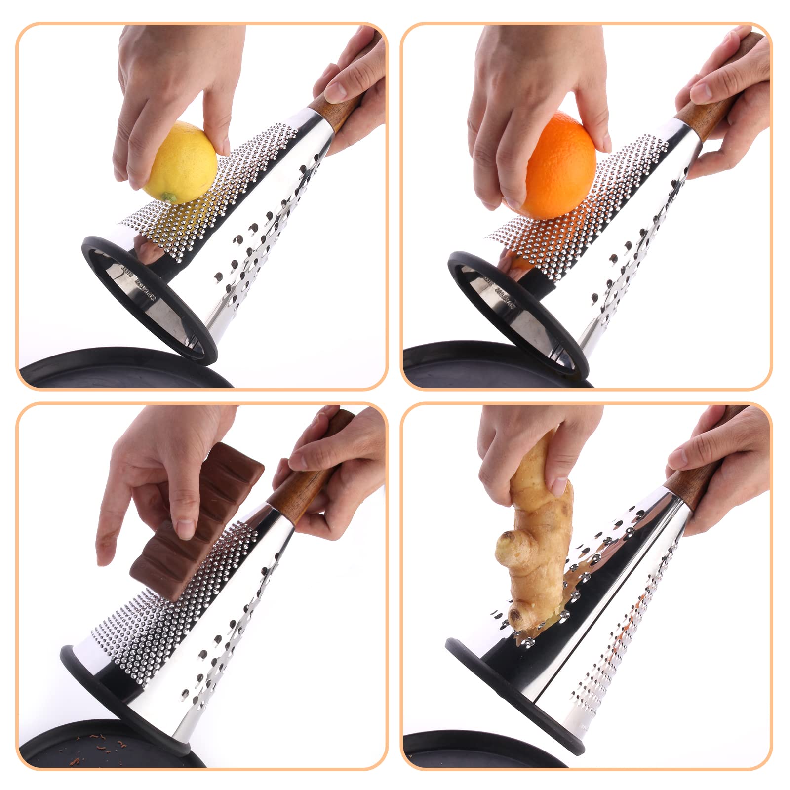 Cone Cheese Grater with Handle Stainless Steel Triple Function Wood Handle Parmesan Shaver Non-Slip Rubber Bottom Hand Held Multifunction Vegetables Cheese Grater with container (L: 10.6" X 4.7")