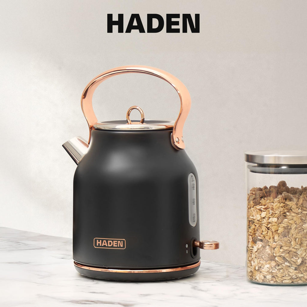 Haden Heritage 1.7 Liter Stainless Steel Electric Kettle, Hot Water Tea Kettle with 360-Degree Base and Auto Shutoff, Black & Copper