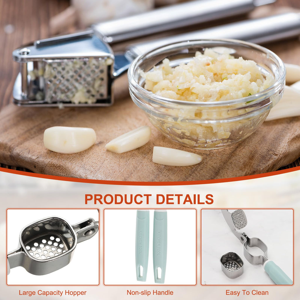 uxcell 2pcs Garlic Press, 7.7 Inch Stainless Steel Garlic Crusher and Peeler for Home Cooks and Professional Chefs, Blue