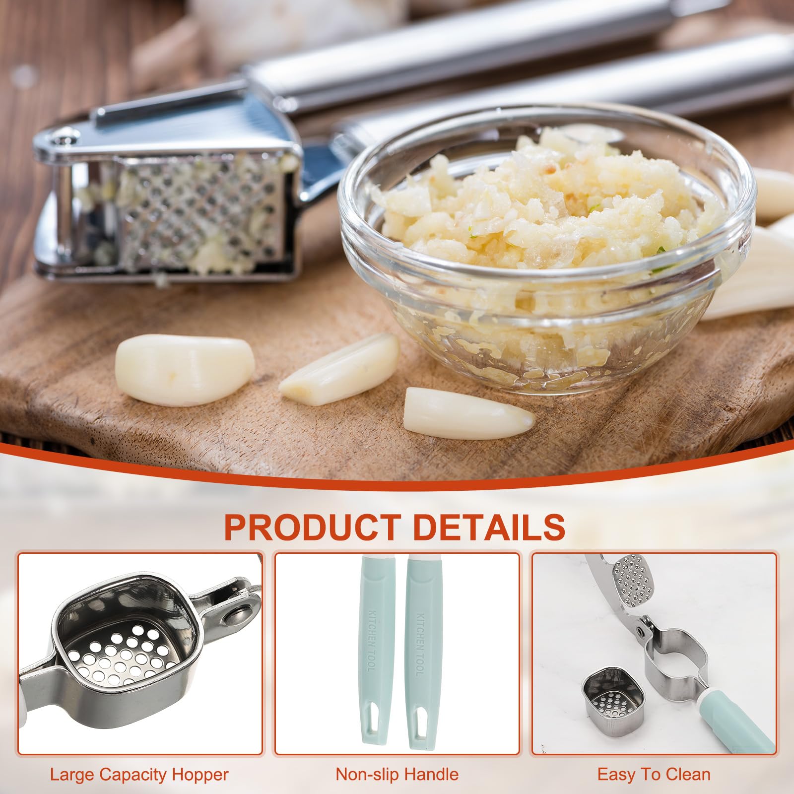 uxcell 2pcs Garlic Press, 7.7 Inch Stainless Steel Garlic Crusher and Peeler for Home Cooks and Professional Chefs, Blue
