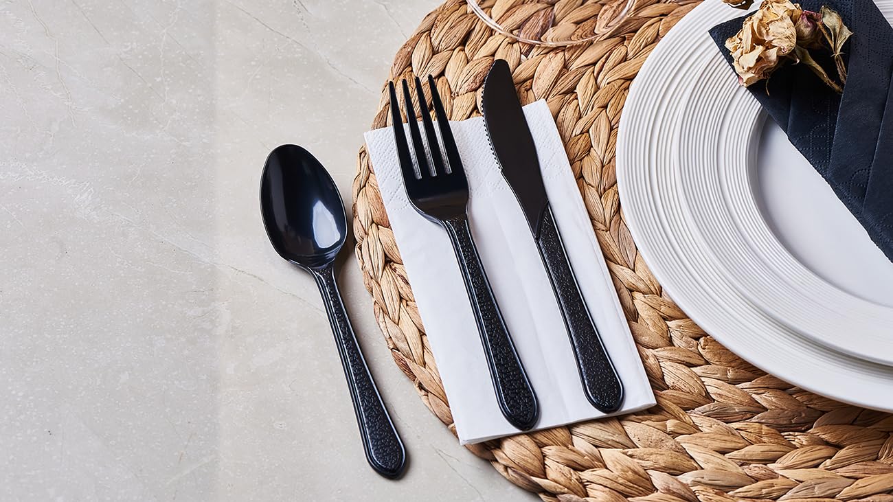 JALUXING [300 Combo Box] Black Plastic Forks Spoons Knives Heavyweight Utensils Disposable Silverware Heavy Duty Cutlery Set