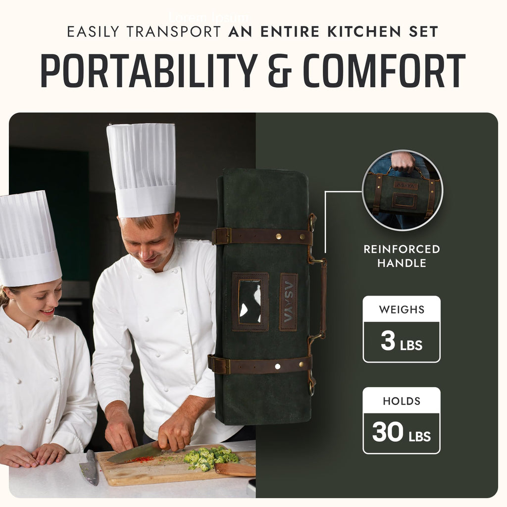 Asaya Waxed Canvas Knife Roll Bag - 15-Slot Chef Knife Bag with Leather Straps, Large Zippered Pocket and Card Holder - Carrying Case for Chefs and Culinary Students – Knives Not Included (Green)