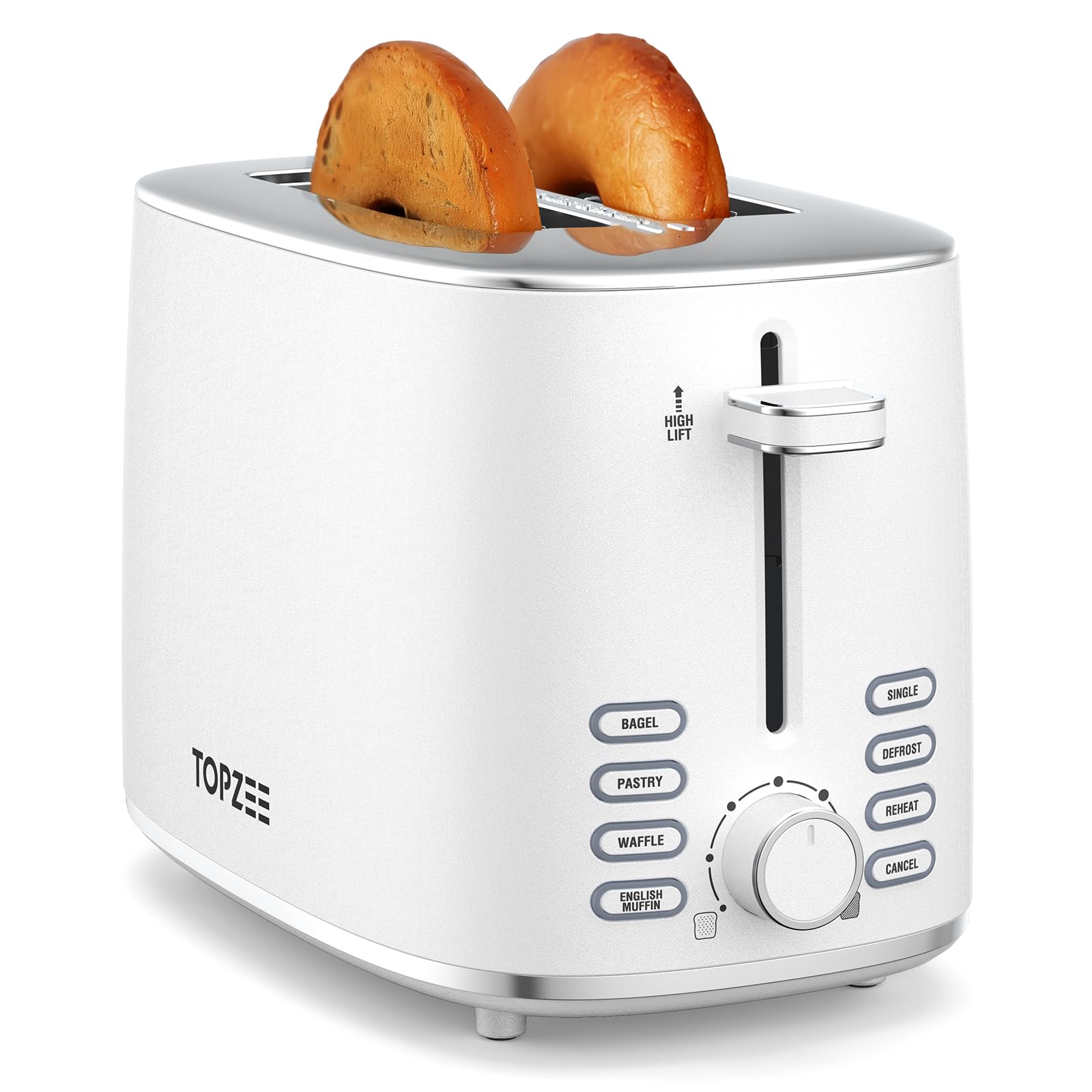 Topzee Toaster 2 Slice, Wide Slot for Toasting Bagel Muffin Waffle Gluten Free Breads, 7 Shade Settings, Defrost & Reheat, Stainless Steel, Easy Clean, White