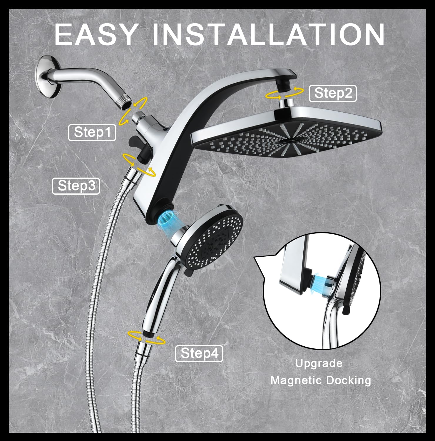12" High Pressue Rain Shower Head with Handheld, 9 Sprays Hand Showerhead