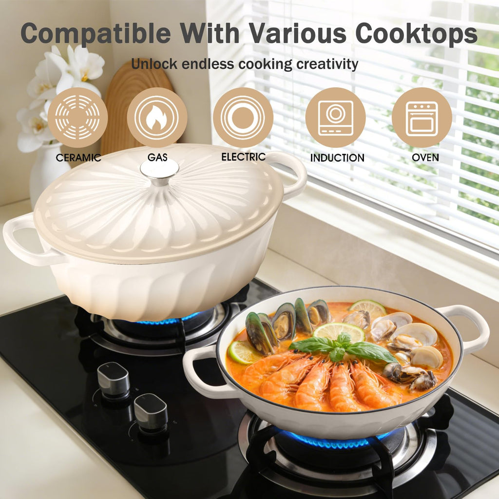 NSIRONS Enameled Cast Iron Dutch Oven, 3.8 Quart Dutch Oven Pot with Lid, Shallow Cast Iron Braiser with Handles, Oven Safe up to 500°F (Caramel White)