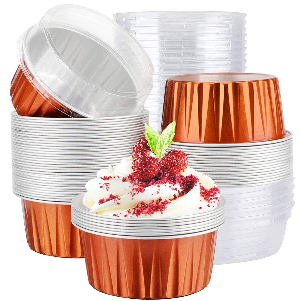 EUSOAR Aluminum Foil Cups, 5oz 50pcs muffin Baking Cups with Lids, 3.34"x2.59"x2.35" 125ml Snacks Desserts Flan, Cupcake Pie Ramekin, Recyclable Catering Party Favor Baking Cups-Caramel