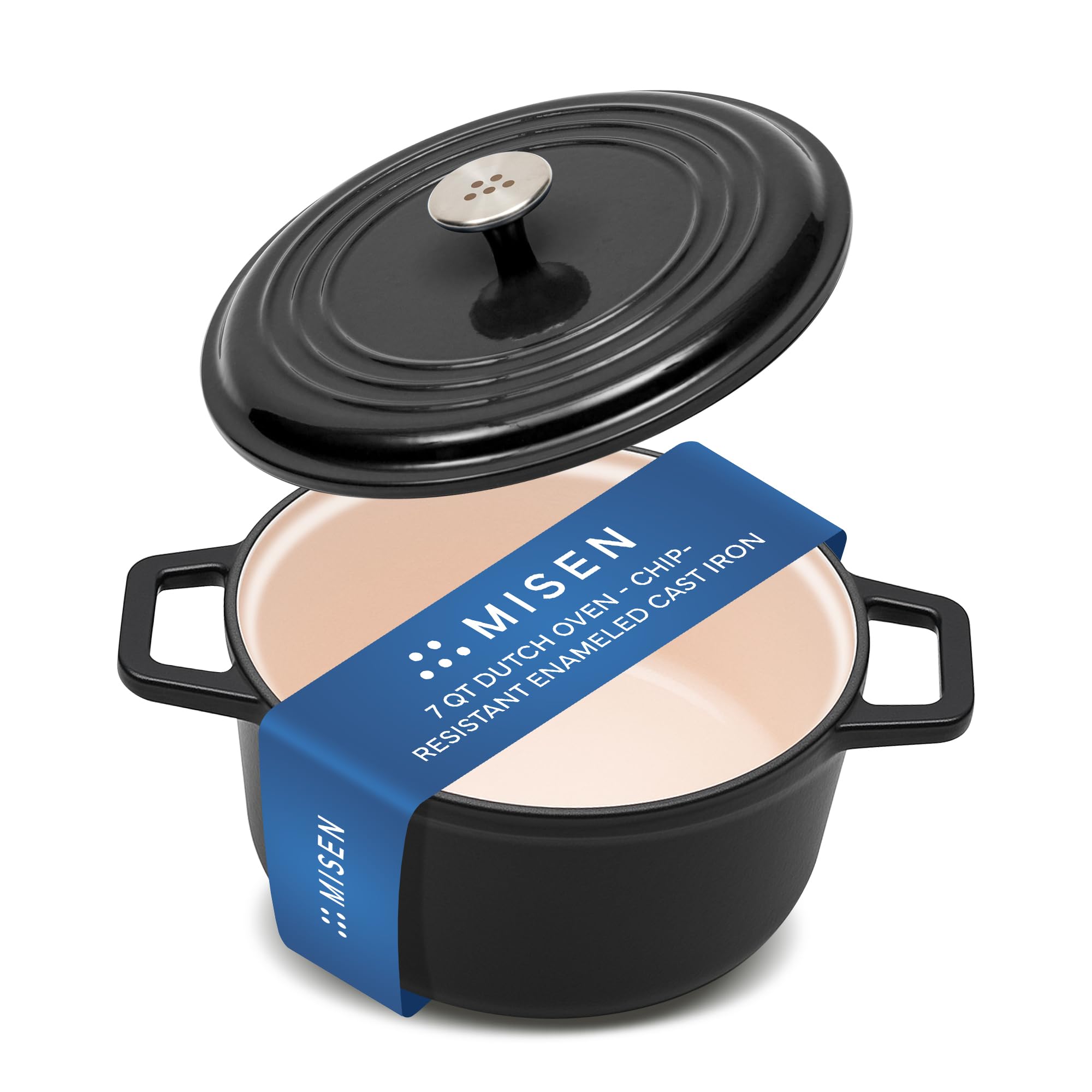 Misen 7 QT Enameled Cast Iron Dutch Oven - Chip-Resistant Enamel Coating - Thick Iron Core For Heat Retention - Large Cooking Surface - Oven Safe, Induction Compatible - Traditional Lid, Black