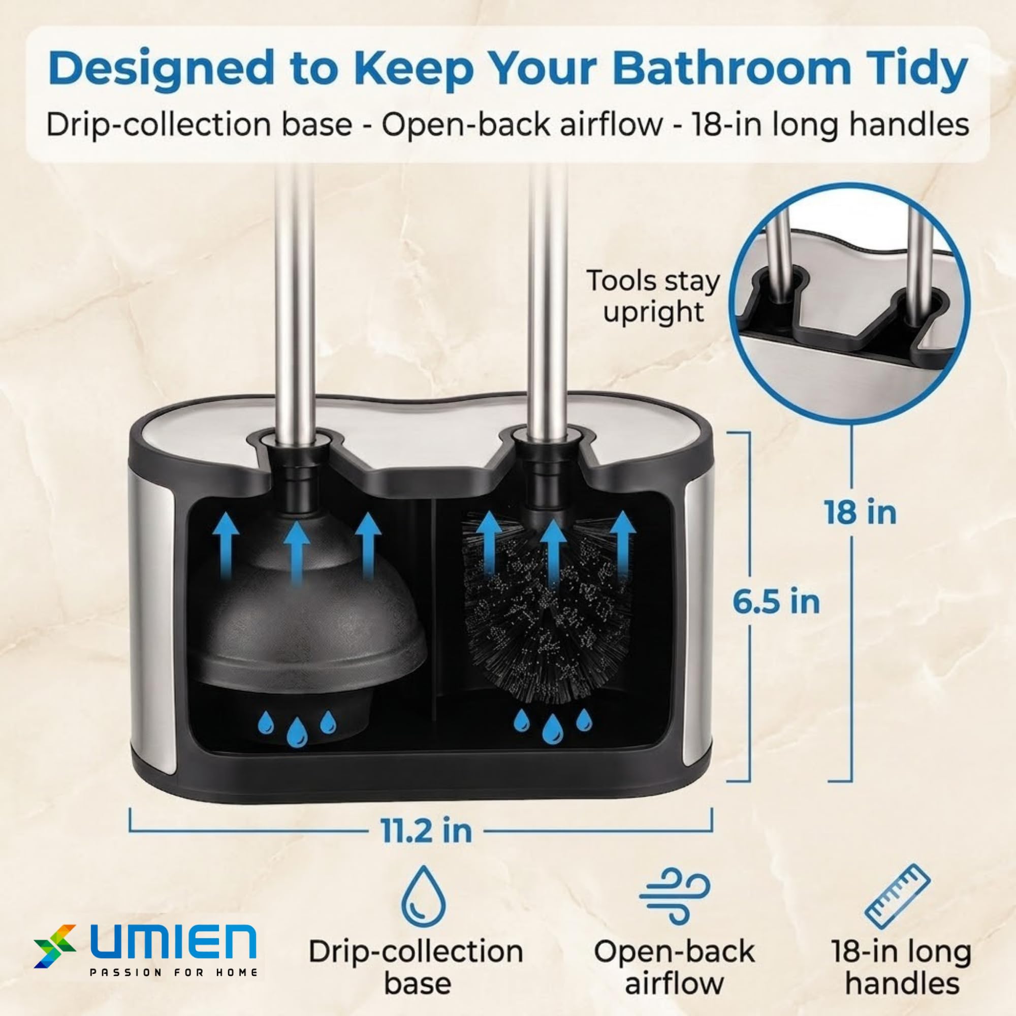 UMIEN Toilet Brush and Plunger Set, Satin Nickel, Long Handle Freestanding
