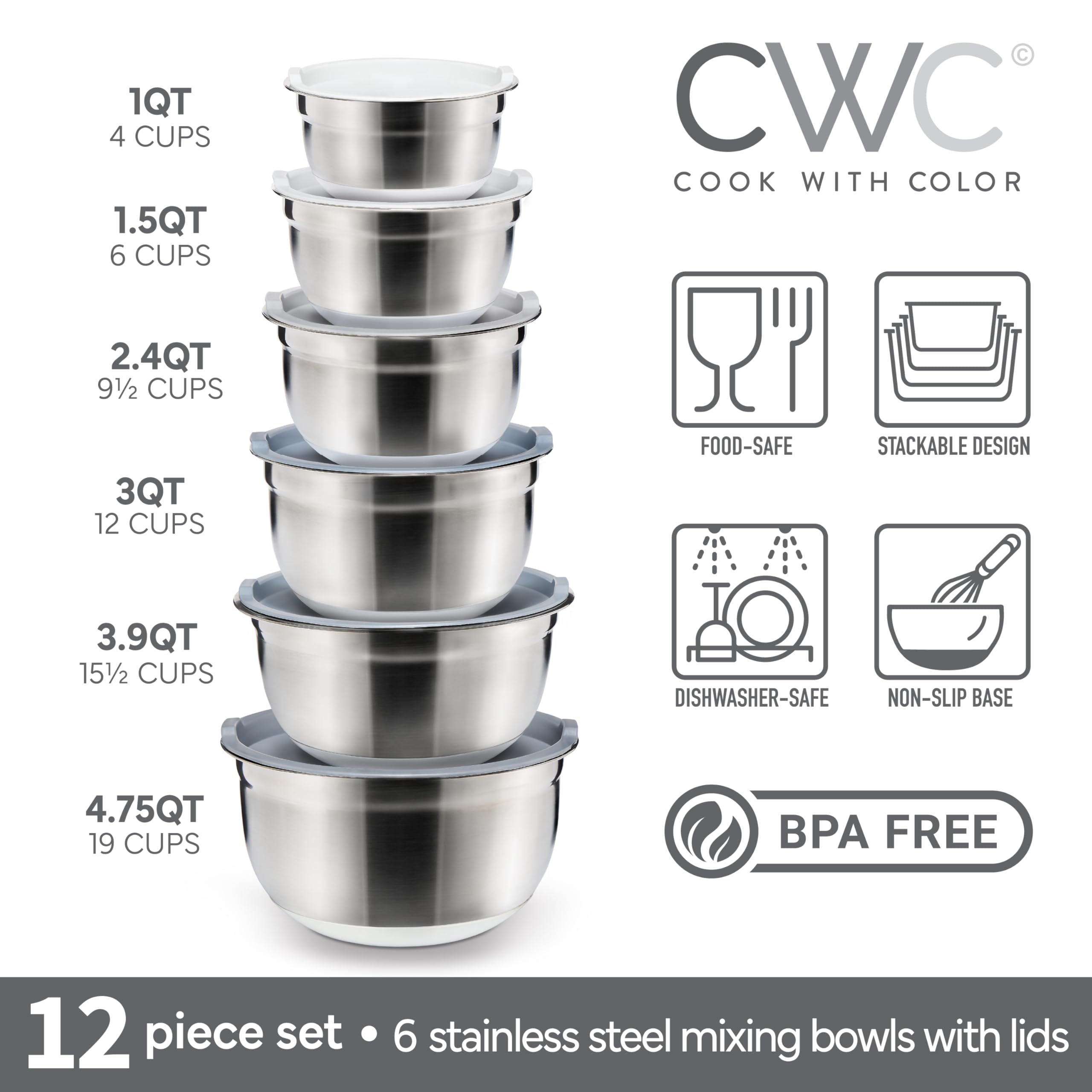 COOK WITH COLOR Stainless Steel Mixing Bowls Set with Lids - Nesting Bowls with Non-Slip Bottom, Grey, 12 Pieces