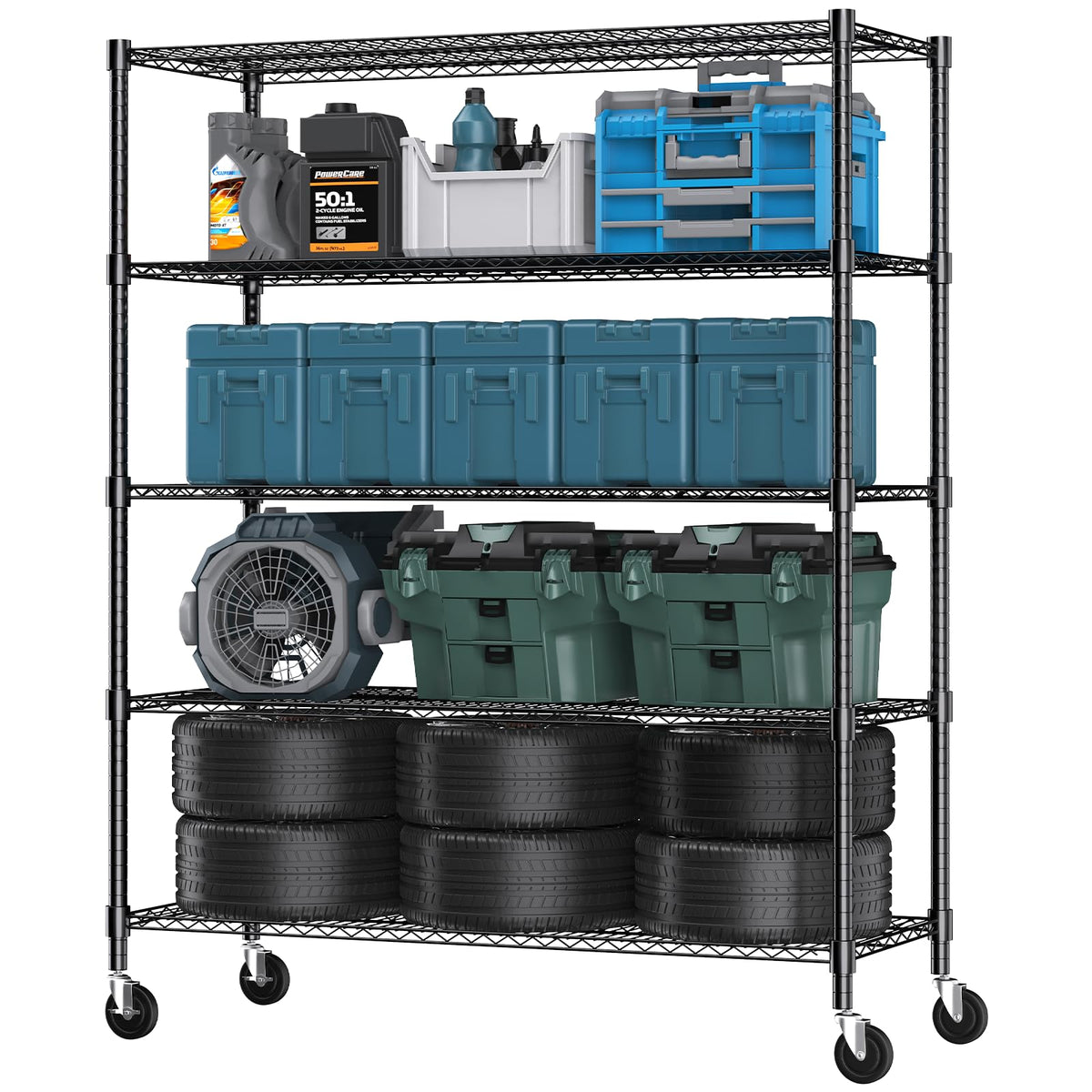 Himimi 72" H Storage Shelves 4 Tier Metal Shelving Adjustable Wire Shelf with Wheels, Heavy Duty Shelving for Garage Kitchen Pantry Bathroom Laundry 18" D*48" W*72" H, Black