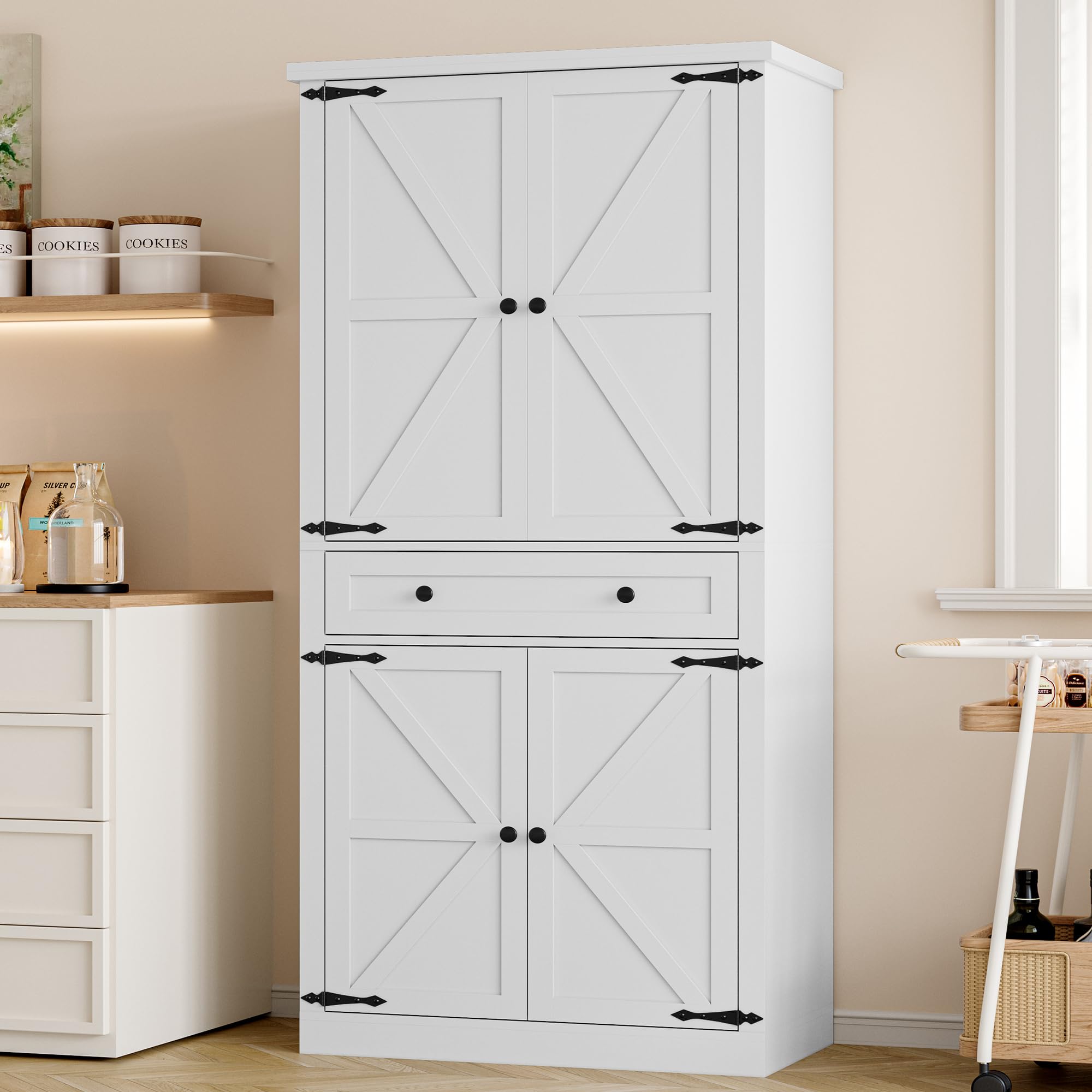 BORNOON Pantry Organizers and Storage Cabinet, 67.7” Barn Door White Kitchen Cabinet with Drawers and Adjustable Shelf, Tall Pantry for Kitchen, Dining Room, Living Room