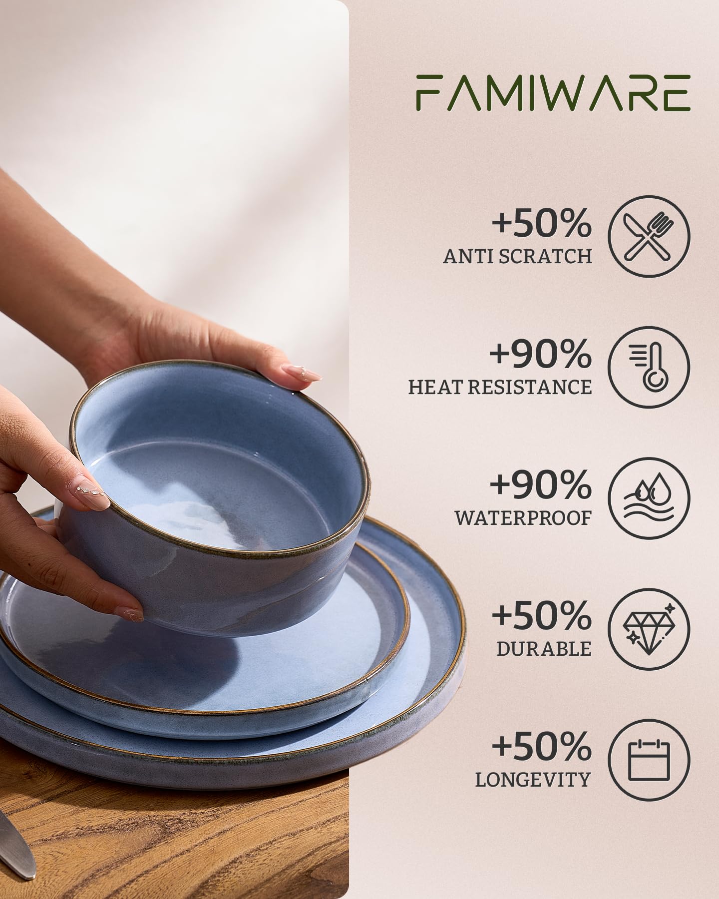 Famiware Annecy 12-Piece Stoneware Dinnerware Set, Reactive Blue