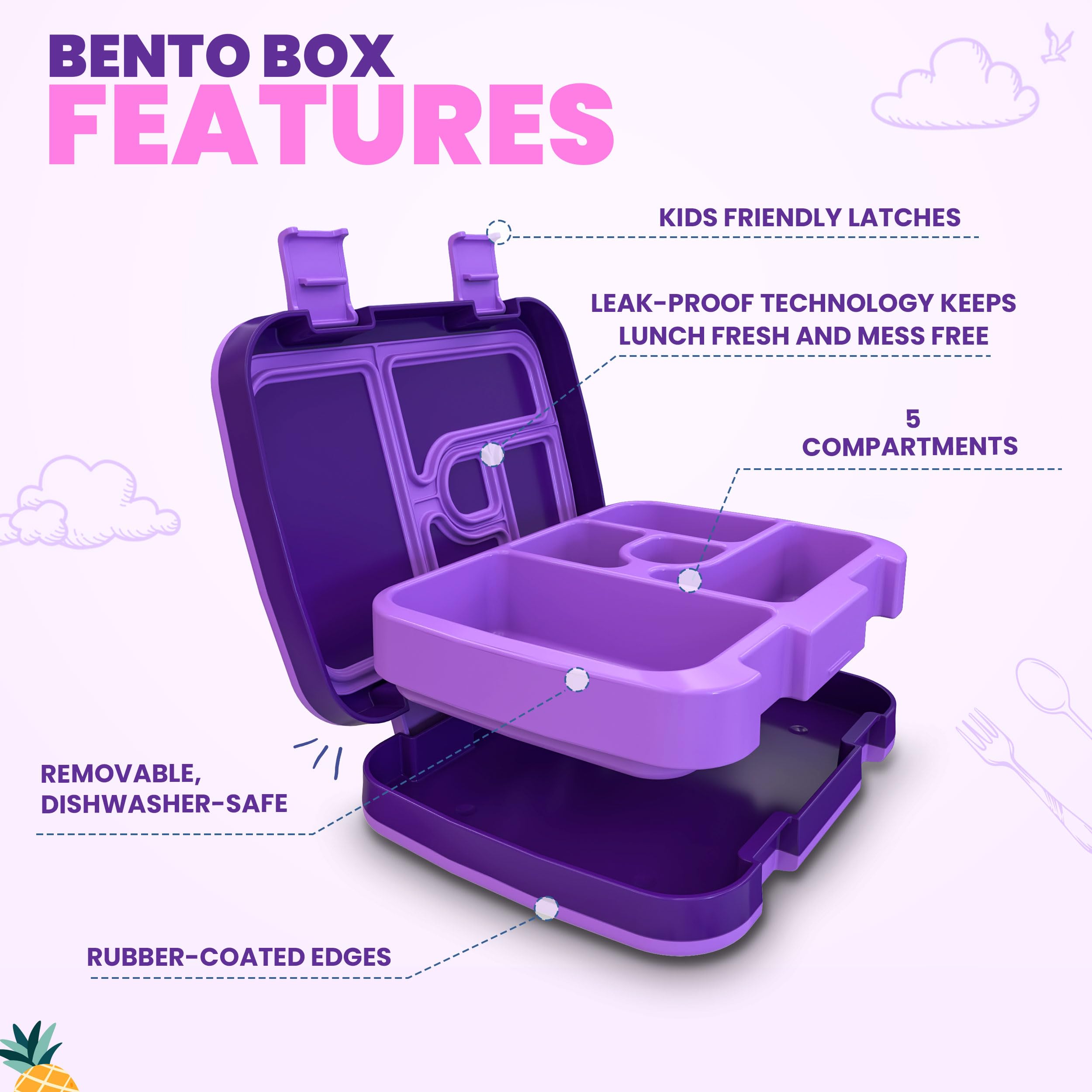 YOLAY Bento Box for Kids, 5-Compartment, Mermaid