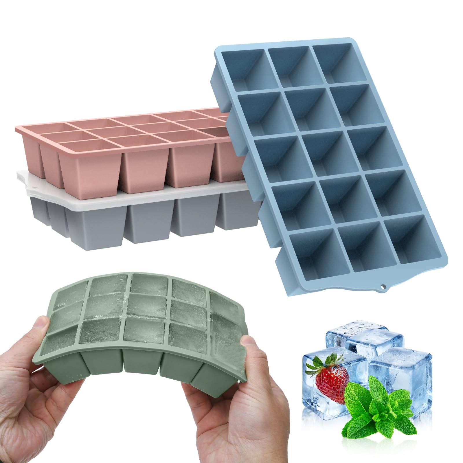 FANYITY Silicone Ice Cube Tray with Lid, Mixed, Pack of 4 Ice Cube Moulds, Silicone Mould, BPA-Free, Stackable Ice Cube Tray, Ice Cube Trays for Baby Porridge, Cocktail, Whiskey, Coffee