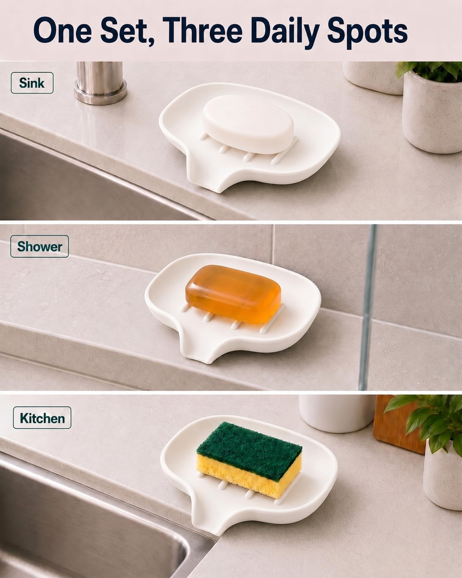 3 Pack Soap Bar Holder, AIMAIAIMAI Self Draining Soap Dish, Quick Drainage, Soap Dishes for Bathroom, Shower, Silicone Soap Tray for Kitchen, Dishwasher Safe (White)