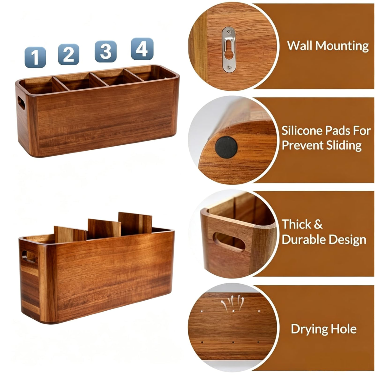 Wooden Kitchen Utensil Holder Organizer for Counter or Countertop, Large Wooden Utensil Holder for Storage Cooking and Silverware with 4 Compartment, Acacia Rustic Wood Container Extra Large