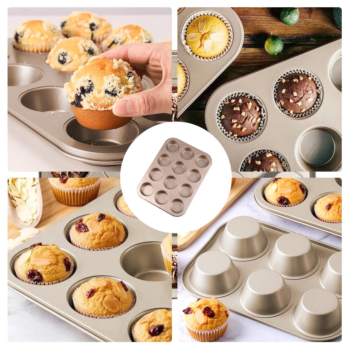 YUNYDSM 2 Pack Muffin Pan for Baking, Standard Nonstick Cupcake Baking Pan Set, 12 Cup Golden Muffin Pan, Cupcake Pans for Baking, Carbon Steel Baking Supplies