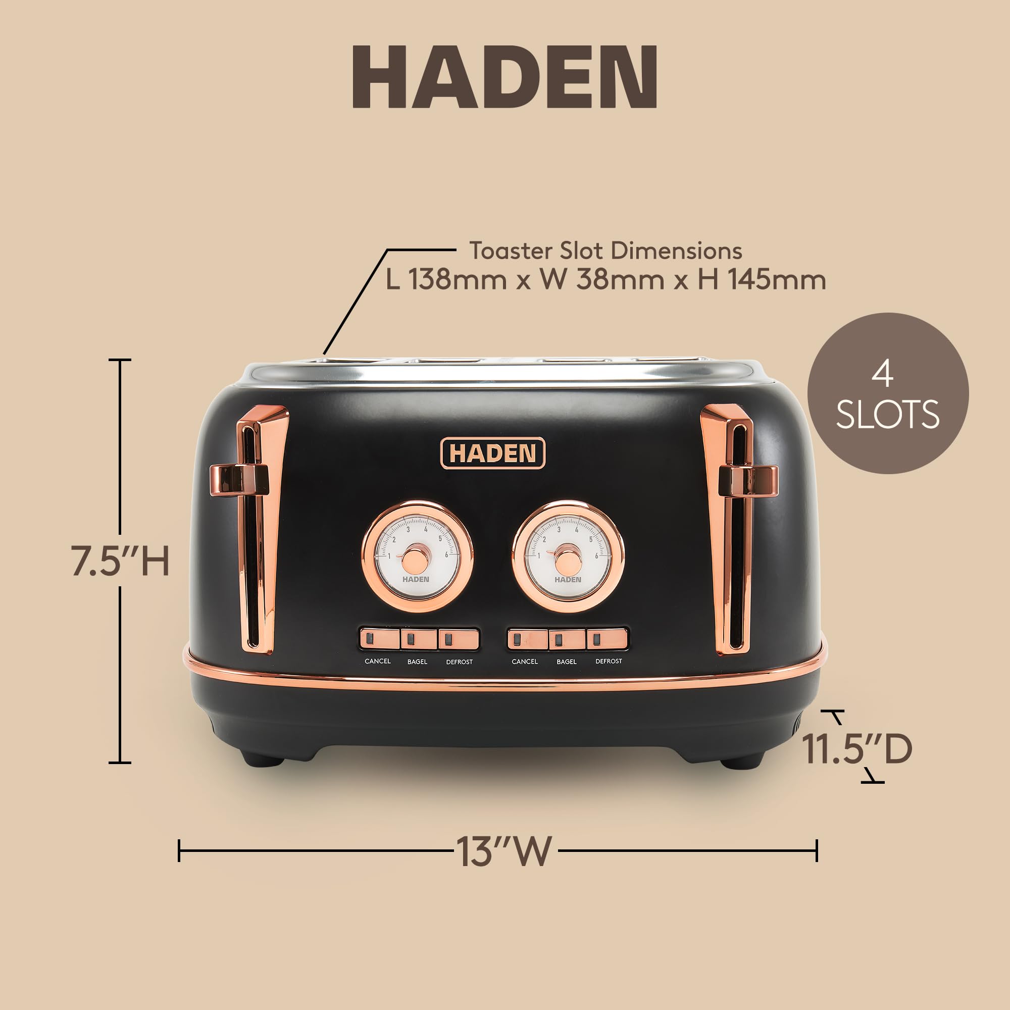 Haden Dorset 4 Slice Wide Slot Stainless Steel Toaster with Adjustable Browning Control & Non-Slip Feet, Black & Copper