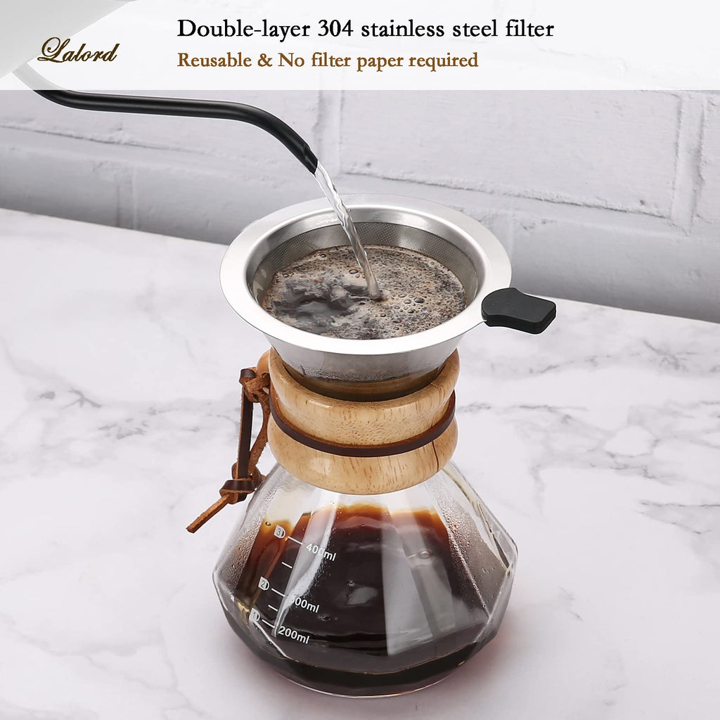 Lalord Pour Over Coffee Maker, 400ml/13.5oz Borosilicate Glass Carafe with Stainless Steel Filter & Modern Wooden Collar, 2 Cups Capacity, Clear
