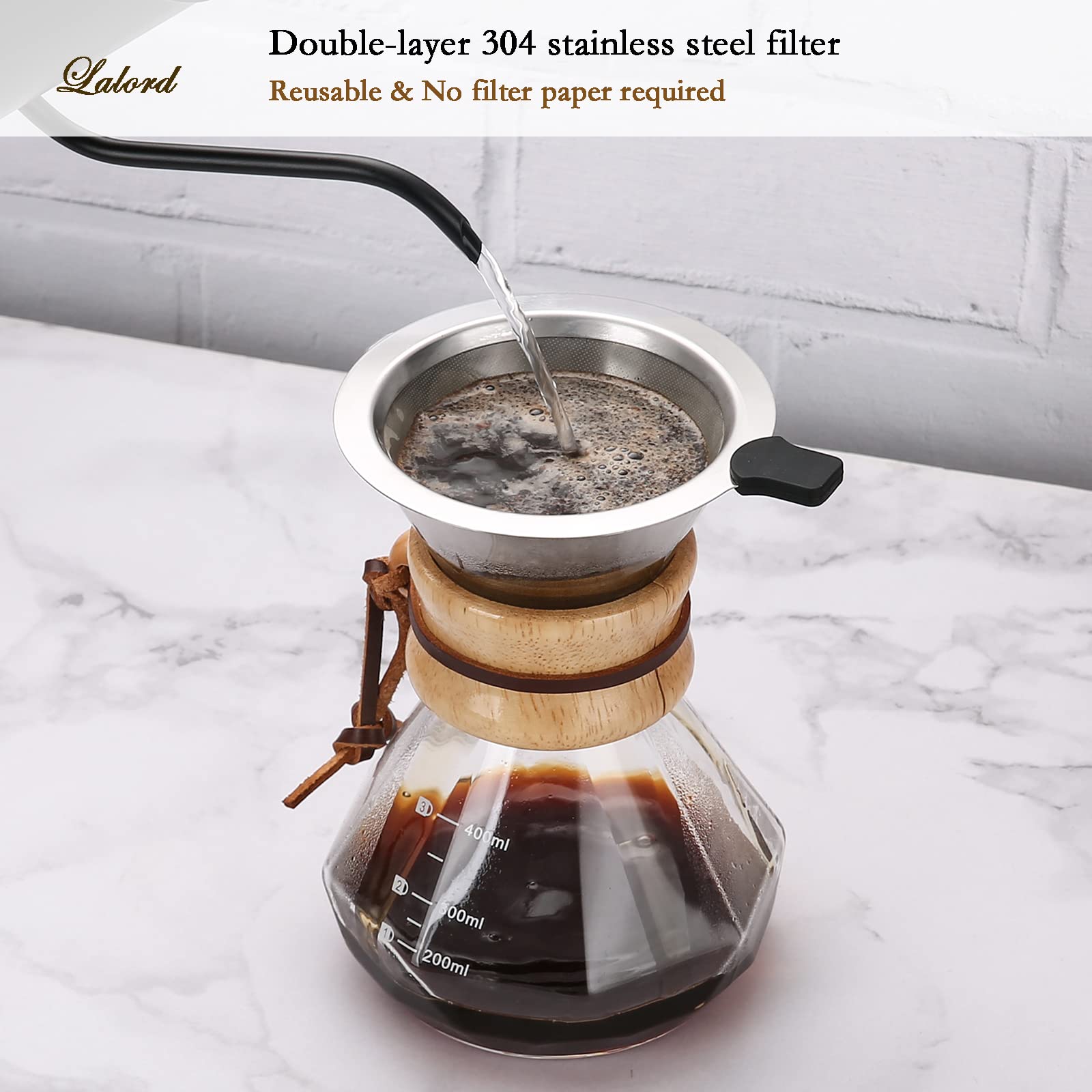 Lalord Pour Over Coffee Maker, 400ml/13.5oz Borosilicate Glass Carafe with Stainless Steel Filter & Modern Wooden Collar, 2 Cups Capacity, Clear