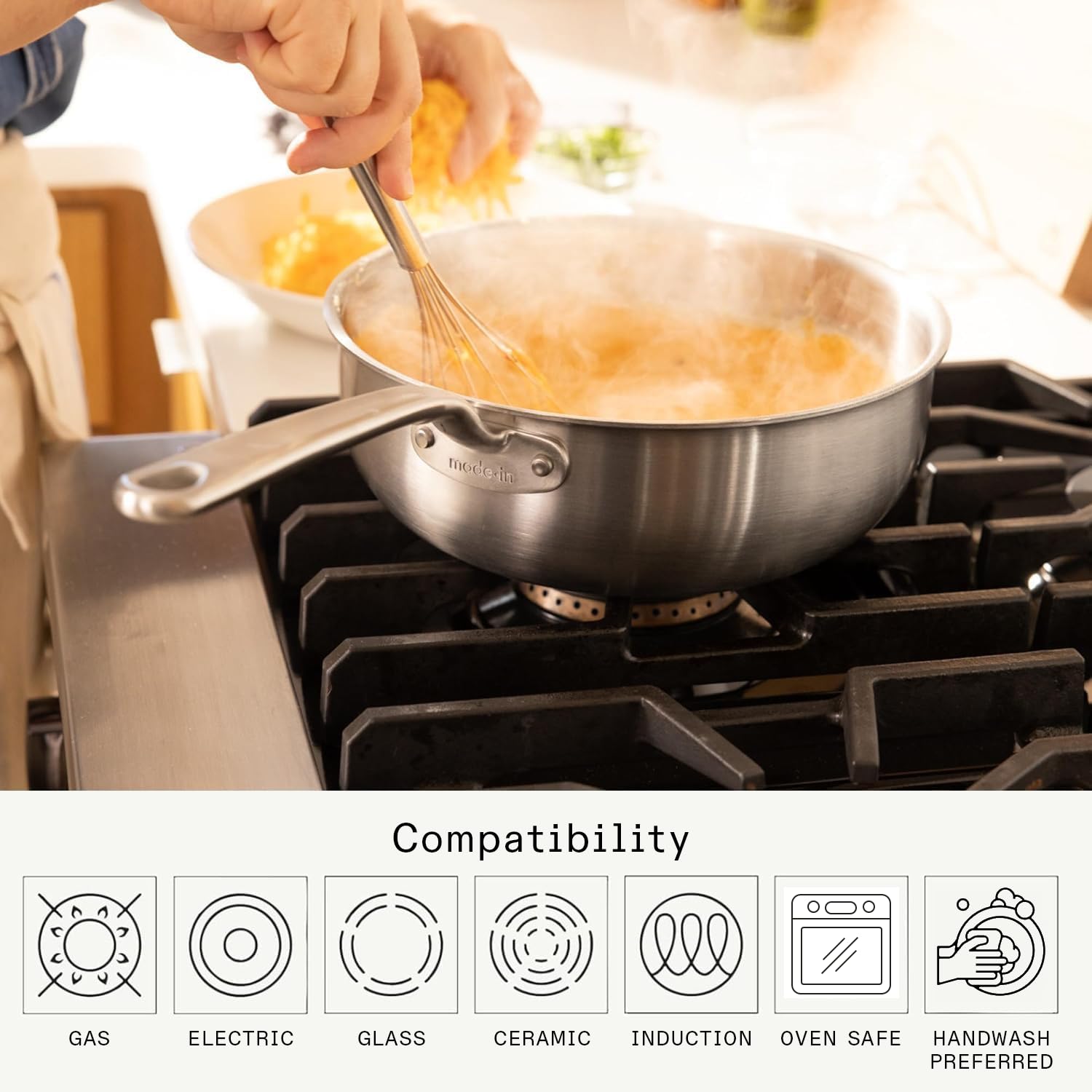Made In Cookware - 5 Quart Stainless Steel Saucier Pan - 5 Ply Stainless Clad - Professional Cookware - Crafted in Italy - Induction Compatible