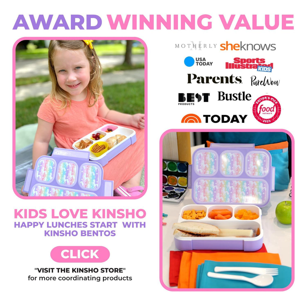 kinsho Bento Lunch Box with Insulated Bag, Ice Pack and Accessories for Girls. Snack Containers with 4 Compartment Dividers for Toddlers Pre-School Daycare BPA Free Set, Utensils, Rainbow Unicorn
