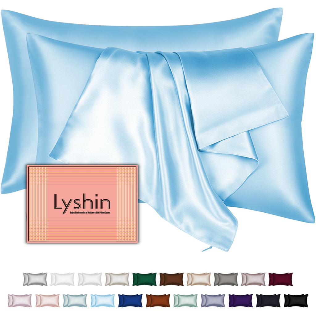 LYSHIN Silk Pillow Cases 2 Pack Standard Size with Zipper, Sky Blue