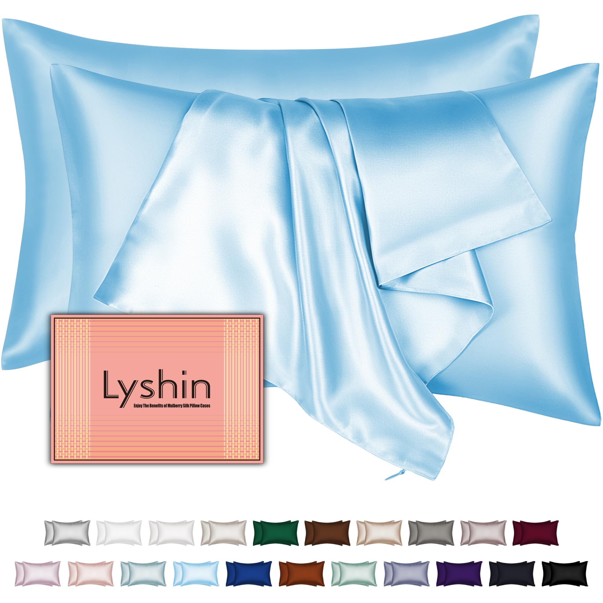 Silk Pillow Cases 2 Pack Standard Size with Hidden Zipper, Mulberry Silk Pillowcase for Hair and Skin, Smooth and Soft Breathable Cooling Silk Satin Pillowcase Set of 2, Gifts for Women，Sky Blue
